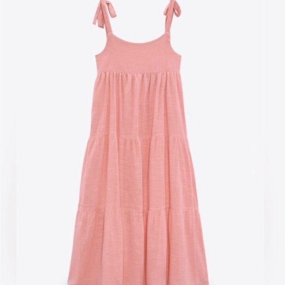 Zara tiered cotton midi dress in bubble gum pink with tie straps - Picture 4 of 8